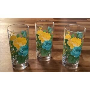 3 Pioneer Woman Rose Shadow Drinking Glasses Tumblers Floral Blue Yellow Green